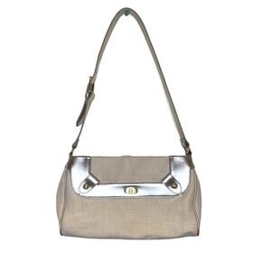 ETIENNE AIGNER Beige Linen W/ Metallic‎ Gold Leather Trim Shoulder Bag Purse